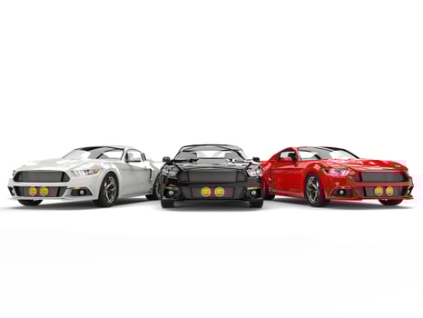 Awesome american muscle cars - red, black and red parked side by side photo