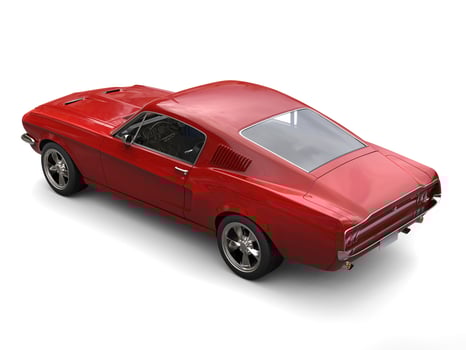 Crimson red American vintage muscle car - rear top down view photo