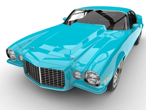 Fluorescent blue classic American vintage car - engine hood closeup shot photo