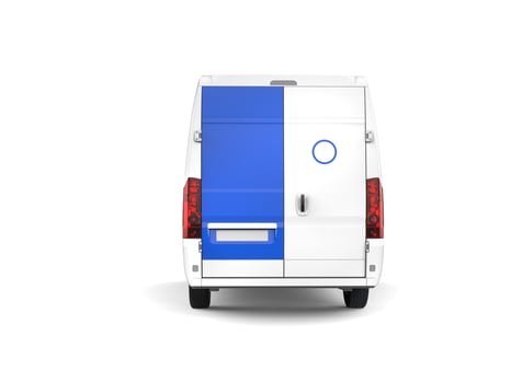White delivery van with blue details - back view photo