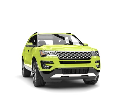 Crazy green modern SUV car - front view closeup shot photo
