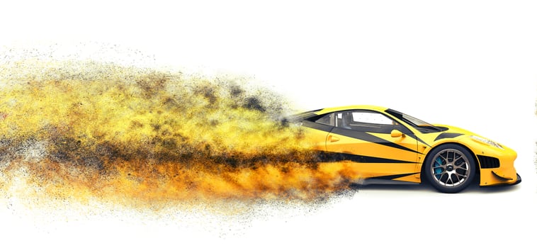 Bright yellow fast super car - particle explosion effect photo