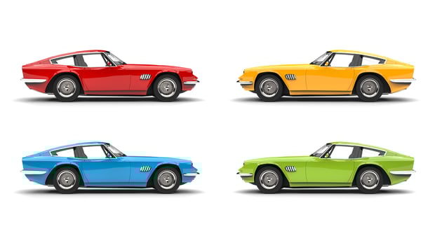 Set of red, blue, yellow and green vintage fast cars photo