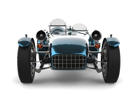 Metallic blue vintage open wheel sport racing car - front view photo