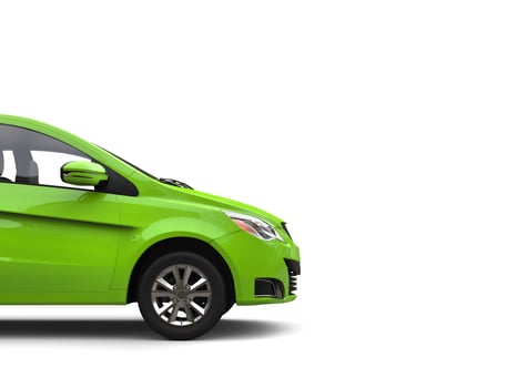 Metallic fresh green small compact affordable eco friendly car - side view, cut shot - isolated on white background photo