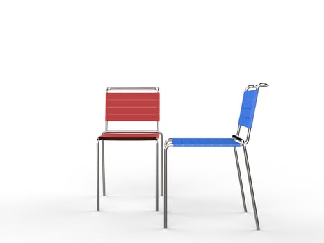 Red and blue chairs side by side - on wite background - 3D render photo