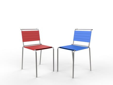 Red and blue aluminium chairs with cloth straps - on white background - 3D render photo
