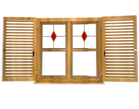 Window with stained glass and open shutters - front view photo