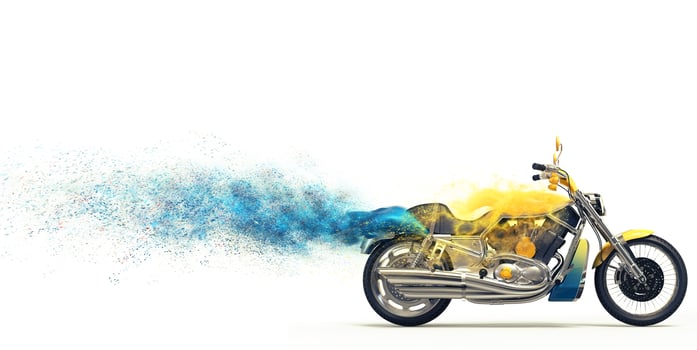 Yellow heavy bike - blue particle trails photo