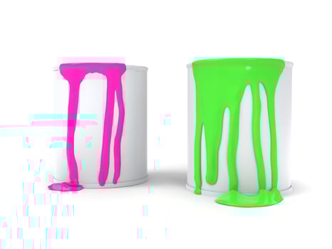 Pink and green paint dripping from paint cans photo