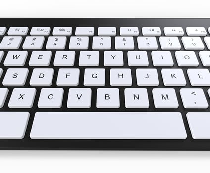 Black keyboard with white keys, front closeup shot. photo
