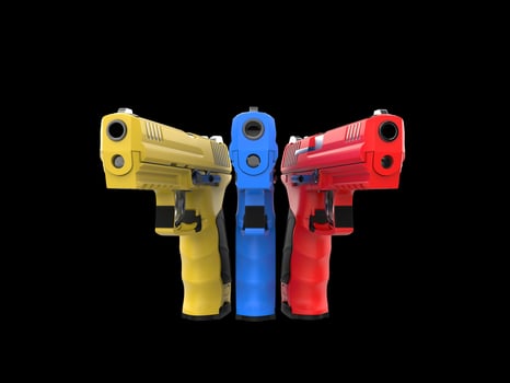 Modern red, blue and yellow semi automatic pistols photo