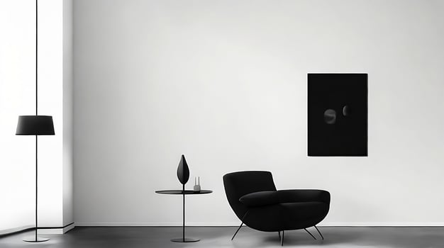 Minimalistic living room interior with white walls, concrete floor, black sofa and round coffee table. 3d rendering mock up photo