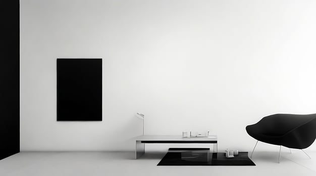 Minimalistic living room interior with white walls, concrete floor, black sofa and round coffee table. 3d rendering mock up photo