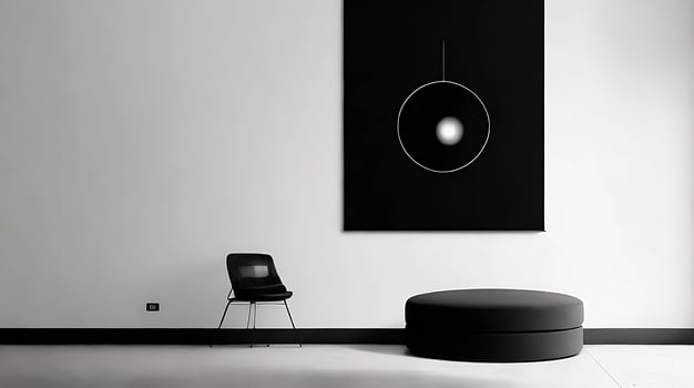 Minimalistic living room interior with white walls, concrete floor, black sofa and round coffee table. 3d rendering mock up photo
