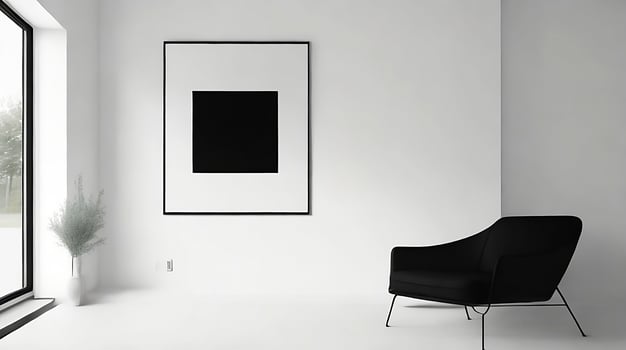 Minimalistic living room interior with white walls, concrete floor, black sofa and round coffee table. 3d rendering mock up photo