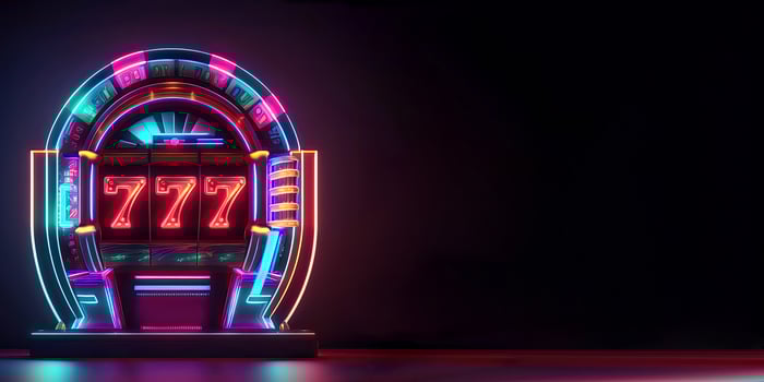 Neon Lighting Slot Machine with 777 Symbol on Dark Background. Casino Game Concept, Technology. photo