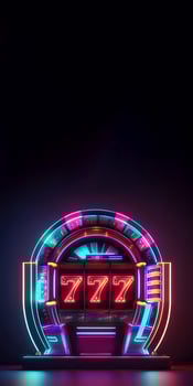Neon Lighting Slot Machine with 777 Symbol Jackpot on Dark Background. Casino Game Concept, Technology. photo