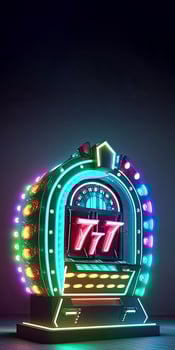Neon Lighting Slot Machine with 777 Symbol Jackpot on Dark Background. Casino Game Concept, Technology. photo
