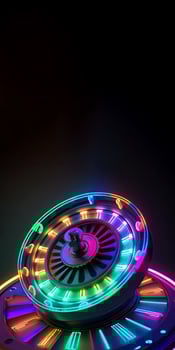 3D Render of Glowing Neon Roulette Wheel with Flares on Dark Background, Casino Game Concept. Technology. photo