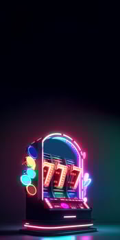 Colorful Glowing Neon Slot Machine with 777 Symbol, Poker Chips or Token on Dark Background, Casino Game Concept. Technology. photo
