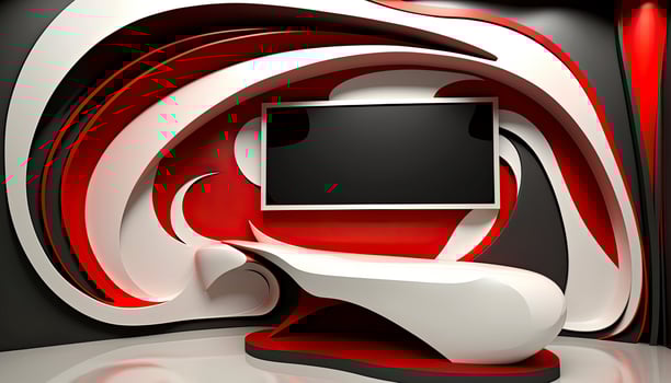 Modern Visionary Interior Design with Wall Mounted Digital Display Screen on 3D Abstract Wallpaper. Technology. photo