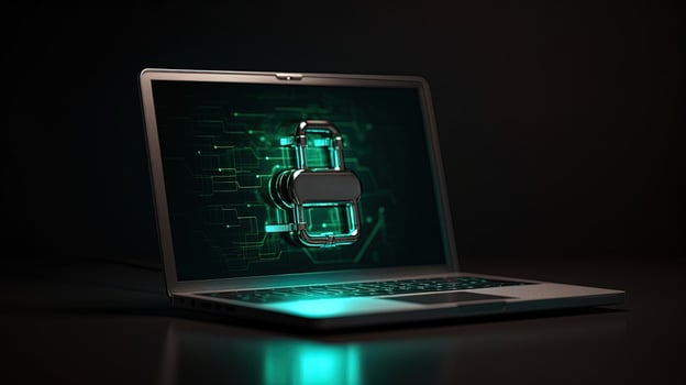 Safety or Security System Screen Lock of Laptop or Notebook Computer with Luminous Padlock. Digital Futuristic Technology illustration. photo