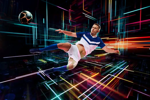 Football scene with soccer player on futuristic digital background. photo