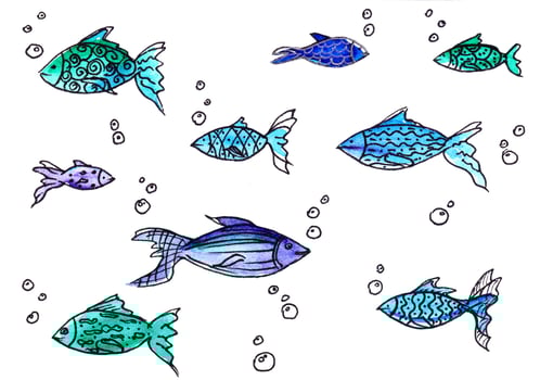 Hand drawn set of fishes doodle style. outline. watercolor. background. poster. banner. bubbles. photo