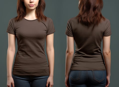 Photo realistic female brown t-shirts with copy space, front, and back view.