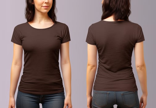 Photo realistic female brown t-shirts with copy space, front, and back view.