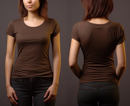 Photo realistic female brown t-shirts with copy space, front, and back view.