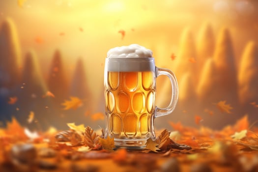 Foamy beer in large glass mug stands in local bar on Oktoberfest, photo