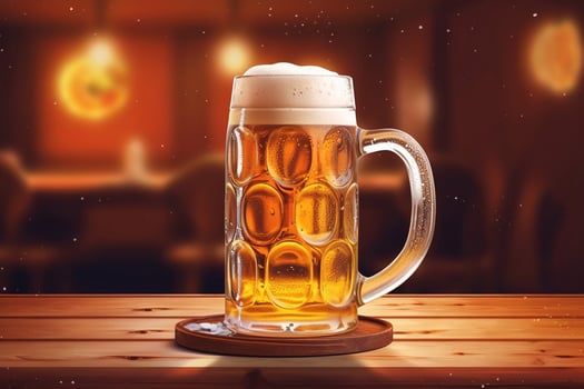 Foamy beer in large glass mug stands in local bar on Oktoberfest, photo