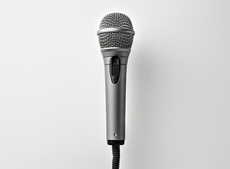 Close up of high quality dynamic microphone connect with male connector and cable isolated on white background,top view. created with technology photo