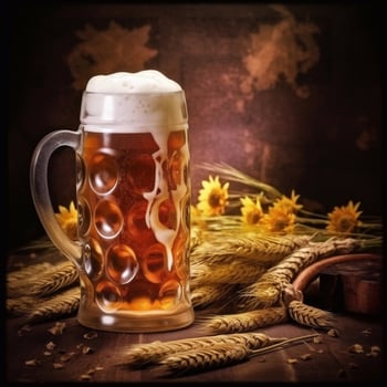 Foamy beer in large glass mug stands in local bar on Oktoberfest, photo