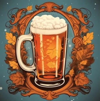 Foamy beer in large glass mug stands in local bar on Oktoberfest, photo