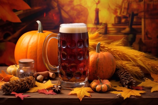 Foamy beer in large glass mug stands in local bar on Oktoberfest, photo