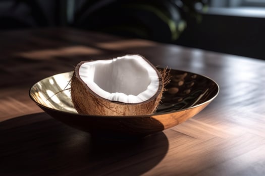 Juicy delicious coconut lies on a beautiful plate, photo