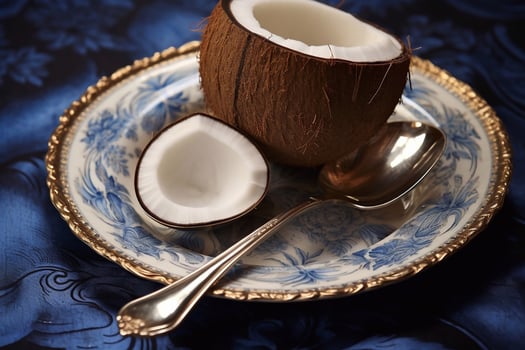 Juicy delicious coconut lies on a beautiful plate, photo