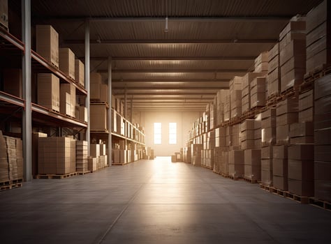Rows of shelves with boxes. Interior of warehouse. created with technology photo