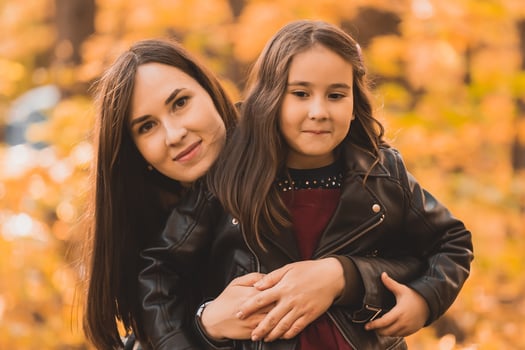 Portrait daughter playing with mother in the autumn park - fall and family concept photo