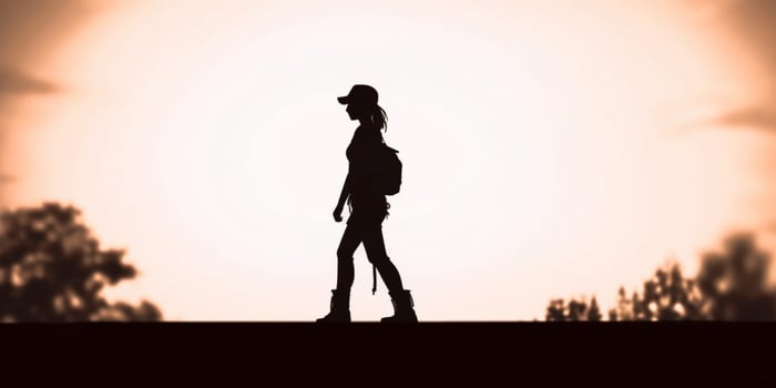 Man hiking adventure silhouette blurred background, photo