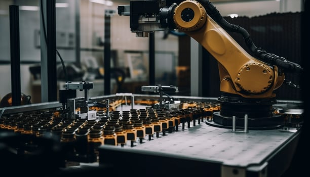 Robotic arm on conveyor belt in manufacturing plant generated by AI photo