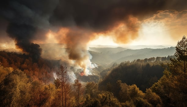 Forest fire blazing through mountain range inferno generated by AI photo