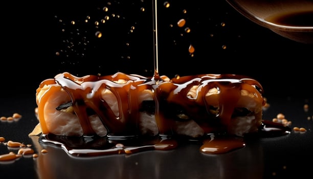 Indulgent close up of dessert chocolate fudge pouring generated by AI photo