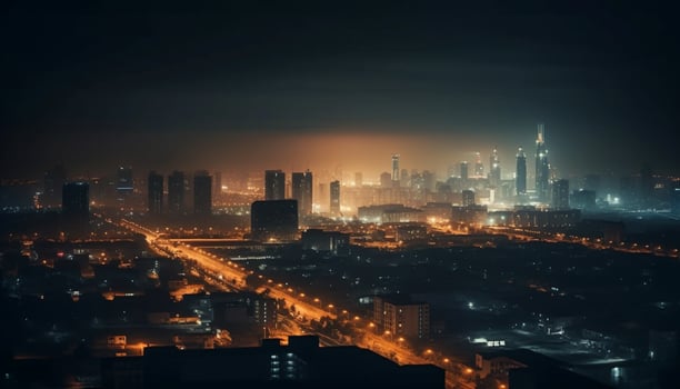 Glowing city skyline illuminates night in modern metropolis generated by AI photo