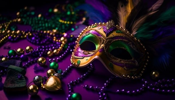 Masquerade mask, feather, bead Mardi Gras celebration generated by AI photo