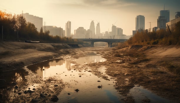 Cityscape reflection, skyscrapers soar urban sunset skyline generated by AI photo