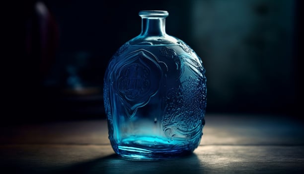Transparent glass bottle reflects blue liquid freshness generated by AI photo